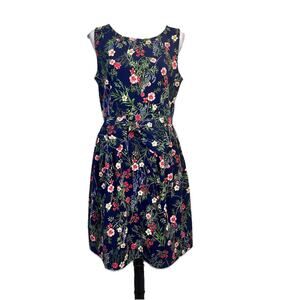 Tahari Dress size 8 Navy Blue Coral Pink Floral Bow Knee Garden Party Wedding